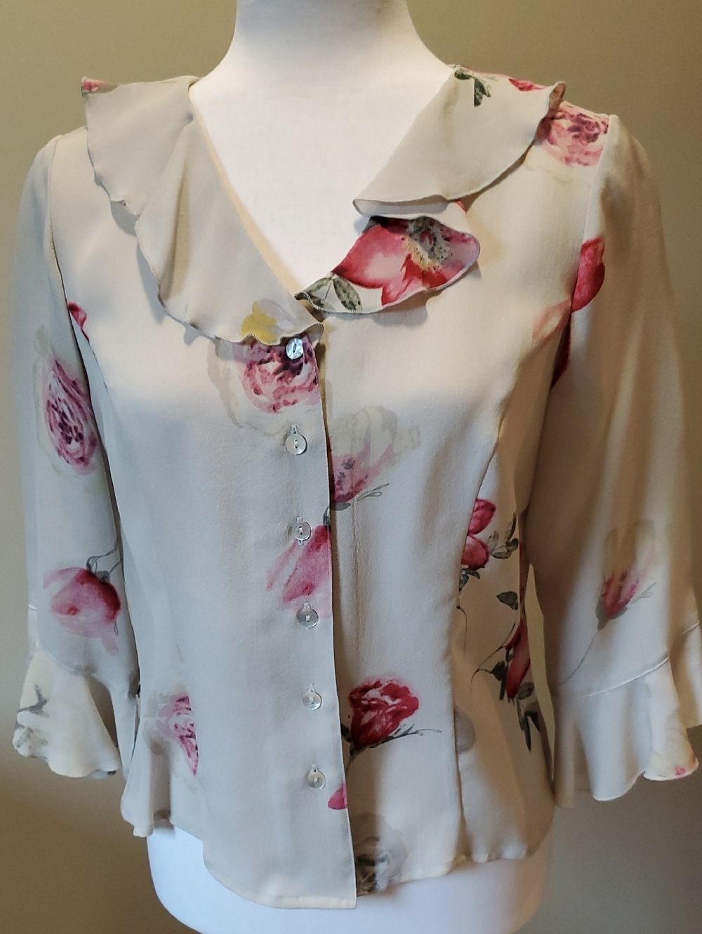 Cream Floral Ruffle-Trim Button Front Blouse